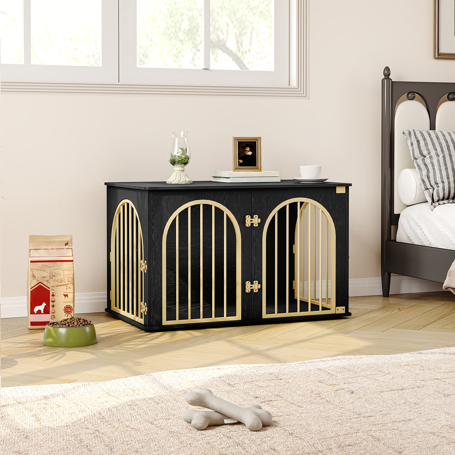 Hondenbench – Hondenkooi – Hondenverblijf – Huisdierbench – Hondenren – Zwart-Gouden Design – 3 Draaideuren & Boogvormige Deur – Stevig Metaal en Hout – 60 x 100 x 63 cm – Voor Middelgrote tot Grote Honden
