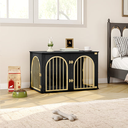 Hondenbench – Hondenkooi – Hondenverblijf – Huisdierbench – Hondenren – Zwart-Gouden Design – 3 Draaideuren & Boogvormige Deur – Stevig Metaal en Hout – 60 x 100 x 63 cm – Voor Middelgrote tot Grote Honden