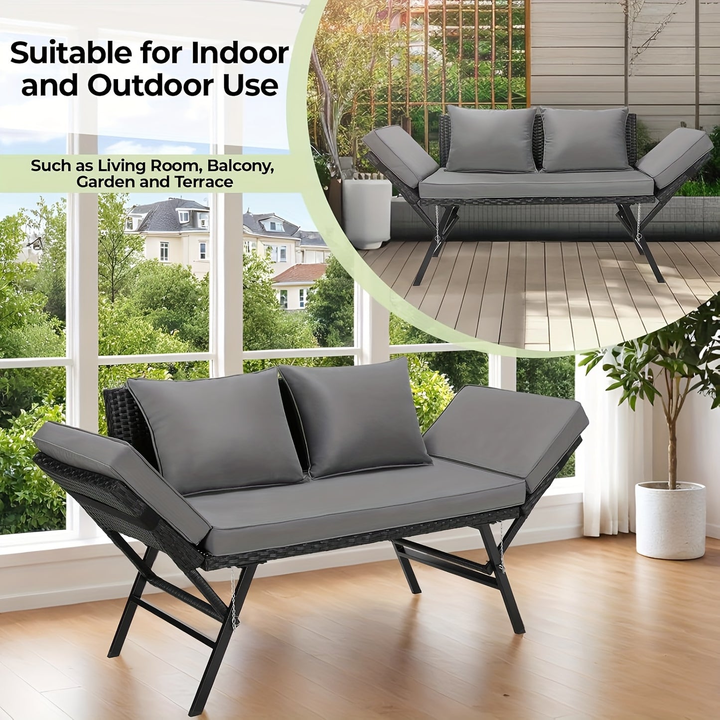 Tuinbank – Tweezitsbank – Loungesofa – Rattanbank – Balkonbank – Verstelbare Rugleuning – Weerbestendig PE Polyrattan – Grijs Rattan + Grijze Mat
