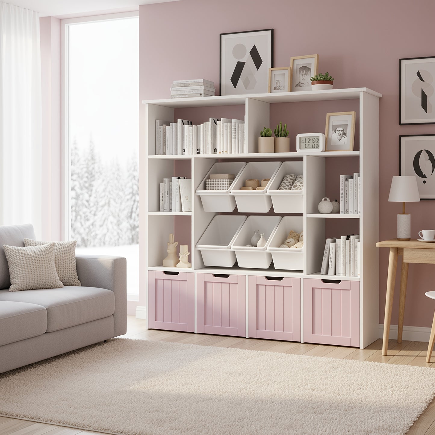 Mobiele Boekenkast – Houten Boekenplank – Opbergkast – Boekenkast Met Lade – Verplaatsbare Kast – 6 Lagen Opbergruimte – Stevig duurzaam hout – Eenvoudige Montage