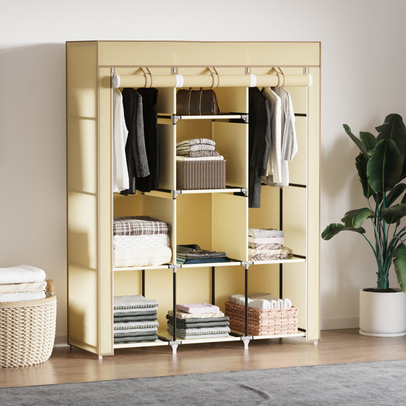 Stoffen Kledingkast – Opbertkast – Garderobekast – Kledingrek – Kledingopslag – Beige – Ruim Met 8 Planken & 2 Hangroedes – Stofwerend Non-Woven Materiaal