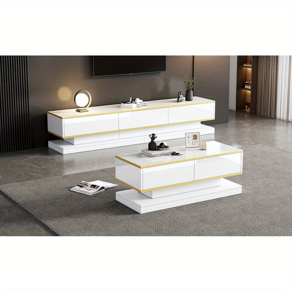 tv-meubel – tv-kast – tv-console – salontafel – woonkamermeubel – Hoogglans Wit Met Gouden Accenten – 3 Laden Tv-meubel & 2 Laden Salontafel