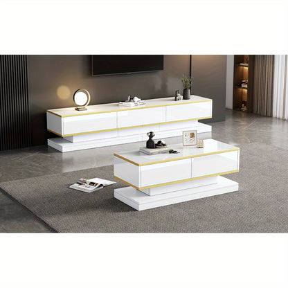 tv-meubel – tv-kast – tv-console – salontafel – woonkamermeubel – Hoogglans Wit Met Gouden Accenten – 3 Laden Tv-meubel & 2 Laden Salontafel