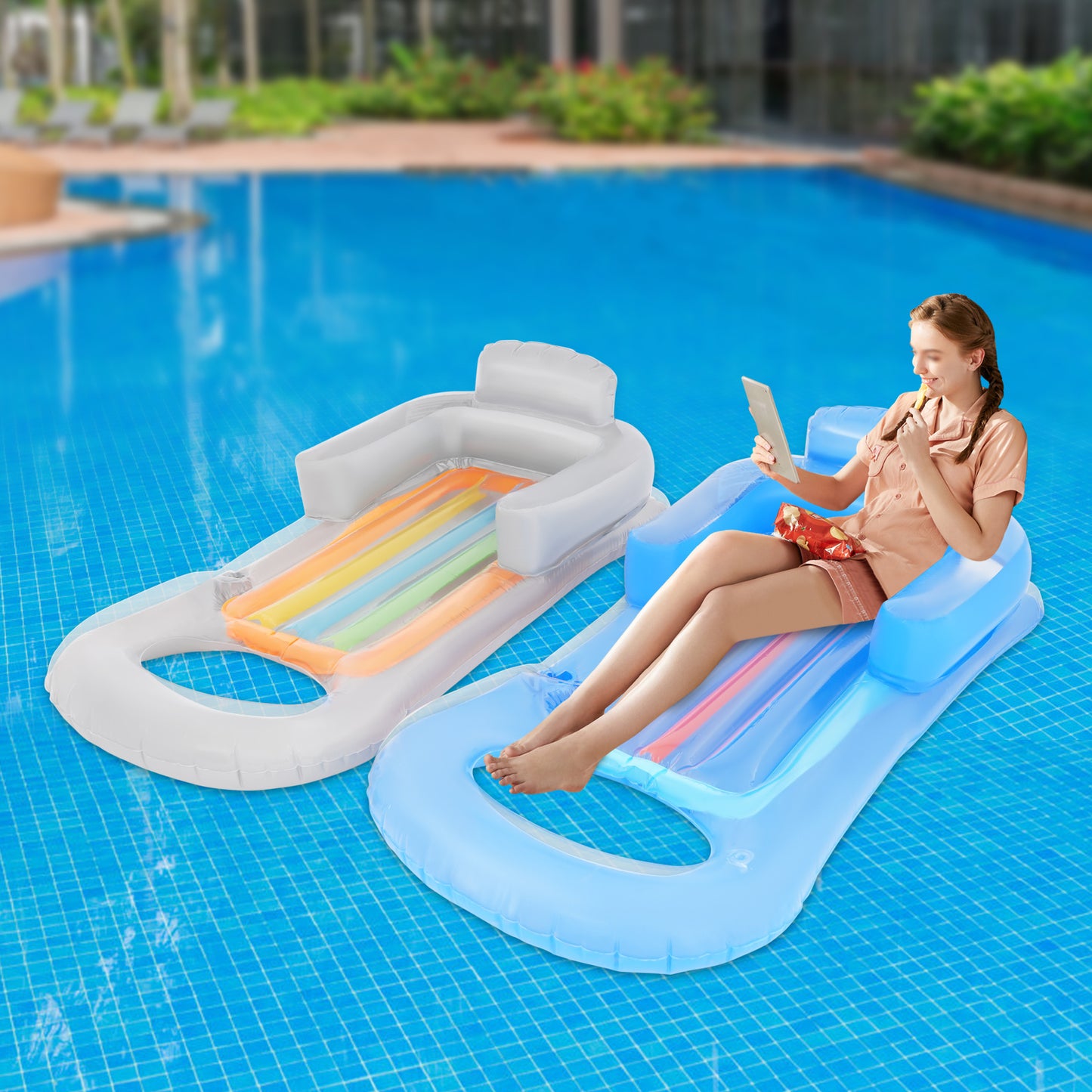 Drijvende Stoel – Drijvende Ligstoel – Lounge Stoel – Waterhangmat – Zwembad Ligbed – Set van 2 – Groot Formaat 160x84 cm – Duurzaam PVC Met Rugleuning & Armsteunen