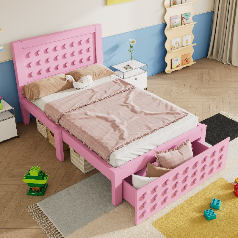 Eenpersoonsbed – Jeugdbed – Kinderbed – Bedframe – Bedkast – Massief Houten Frame – Met Lade & Opbergruimte – 90x200 cm – Roze – Zonder Matras