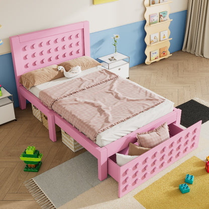 Eenpersoonsbed – Jeugdbed – Kinderbed – Bedframe – Bedkast – Massief Houten Frame – Met Lade & Opbergruimte – 90x200 cm – Roze – Zonder Matras