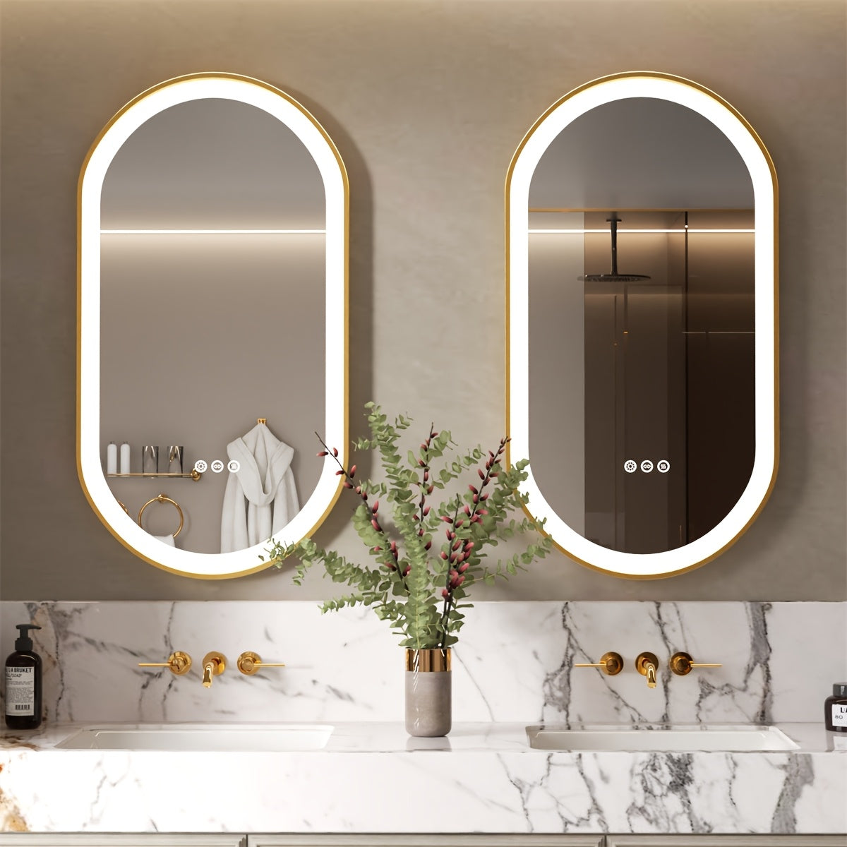 Ovaal LED Badkamerspiegel – Spiegel – Make-up Spiegel – Wandspiegel – Antibeschlag Spiegel – 50x80 cm – Gouden Aluminium Frame – Antibeschlagfunctie met Dimbare LED-verlichting