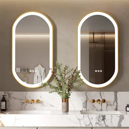 Ovaal LED Badkamerspiegel – Spiegel – Make-up Spiegel – Wandspiegel – Antibeschlag Spiegel – 50x80 cm – Gouden Aluminium Frame – Antibeschlagfunctie met Dimbare LED-verlichting