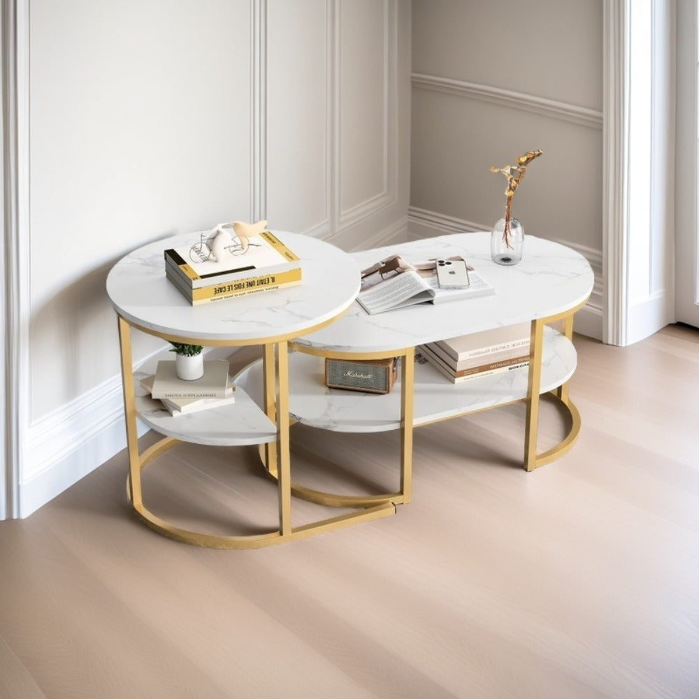 Salontafel – Koffietafel – Bijzettafel – Woonkamertafel – Tafeltje – Set Van 2 Ronde En Ovale Tafels – Dubbele Opbergruimte – Houten Blad Met Metalen Frame