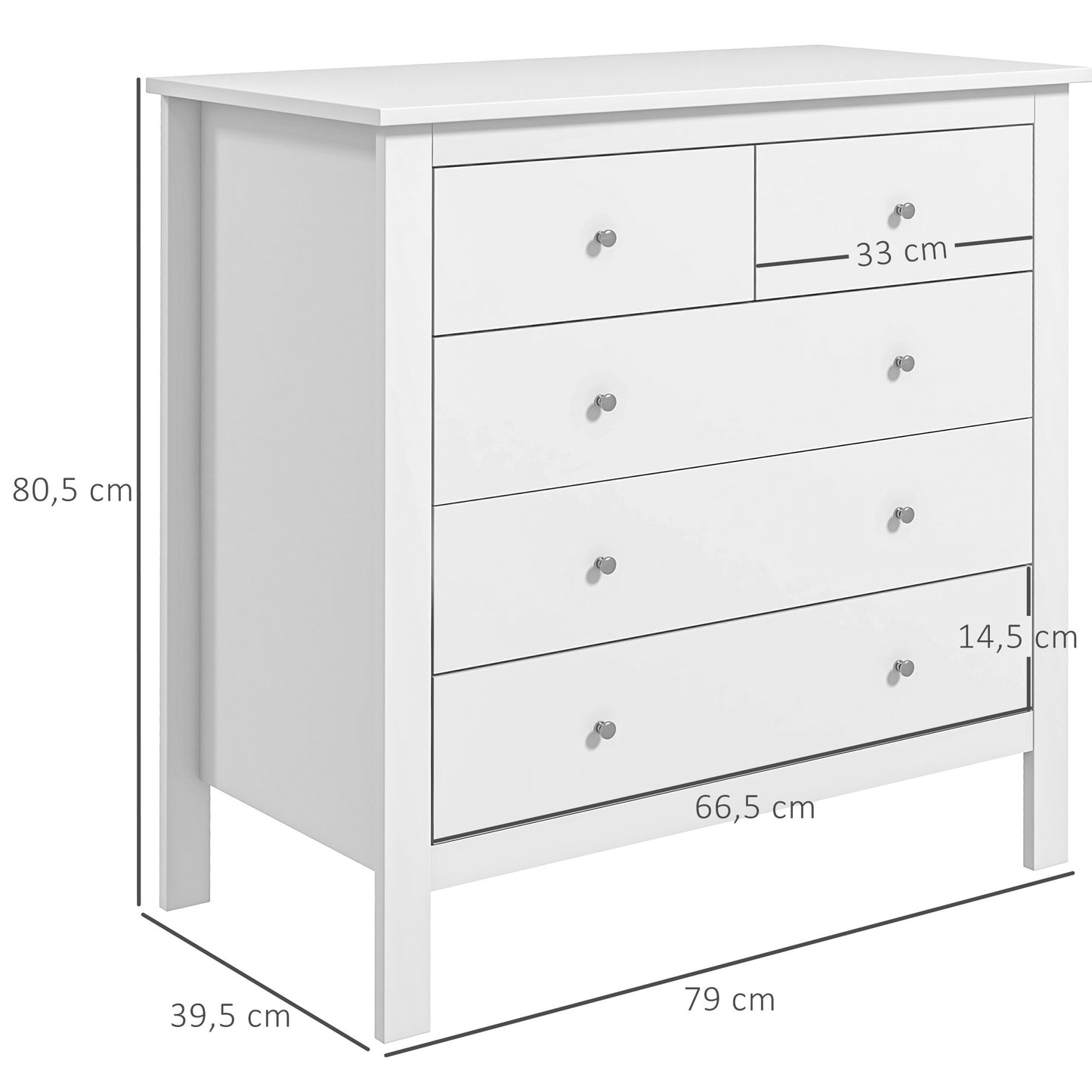 Ladekast – Ladenkast – Kommode – Dressoir – Opbergkast – 5 Lades – MDF & Spaanplaat – Wit – Geruisloze Metalen Glijders – Anti-Kantelbescherming – 79x39,5x80,5 cm