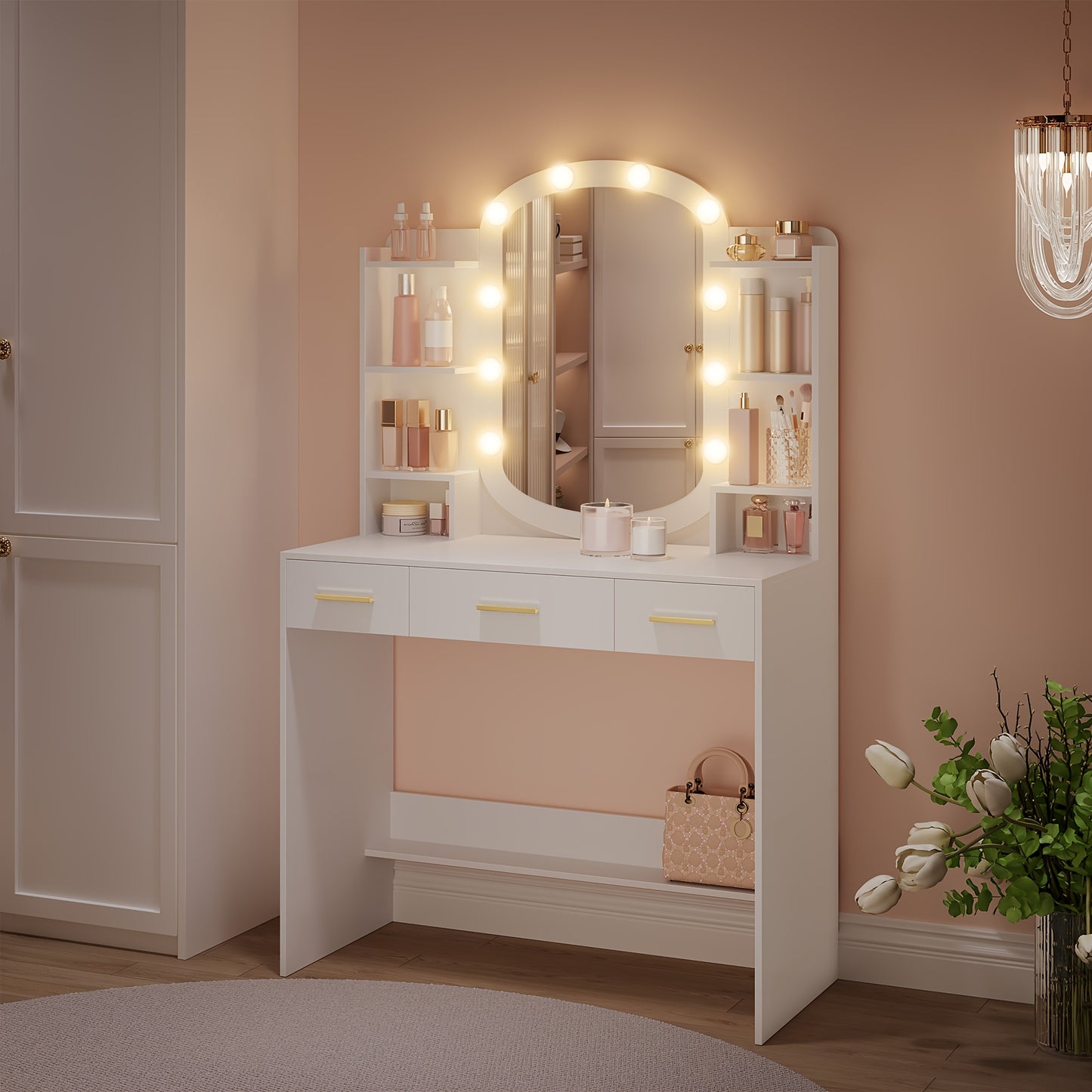 Kaptafel – Make-up tafel – Tocatoren – Vanity – Dressings Table – Linnenwit – 10 LED lampen met 3 lichtstanden – 3 lades en 6 open vakken