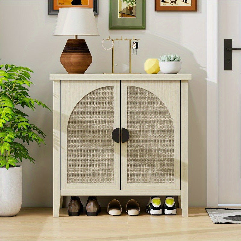 Modern Natural Rattan Storage Cabinet with Two Doors - Curved Sideboard or China Cabinet, Sturdy Metal Frame, Open Shelf & Closed Storage Compartments, Space-Saving Entryway, Living Room, Dining Room, Kitchen Organizer - No A