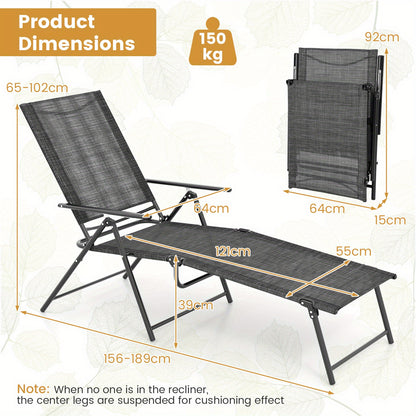 Strandstoel – Ligstoel – Campingstoel – Tuinstoel – Loungechair – 6 Verstelbare Standen – Met Stevig Metalen Frame – Grijs – Draagvermogen 150 kg – Inklapbaar – Set van 2