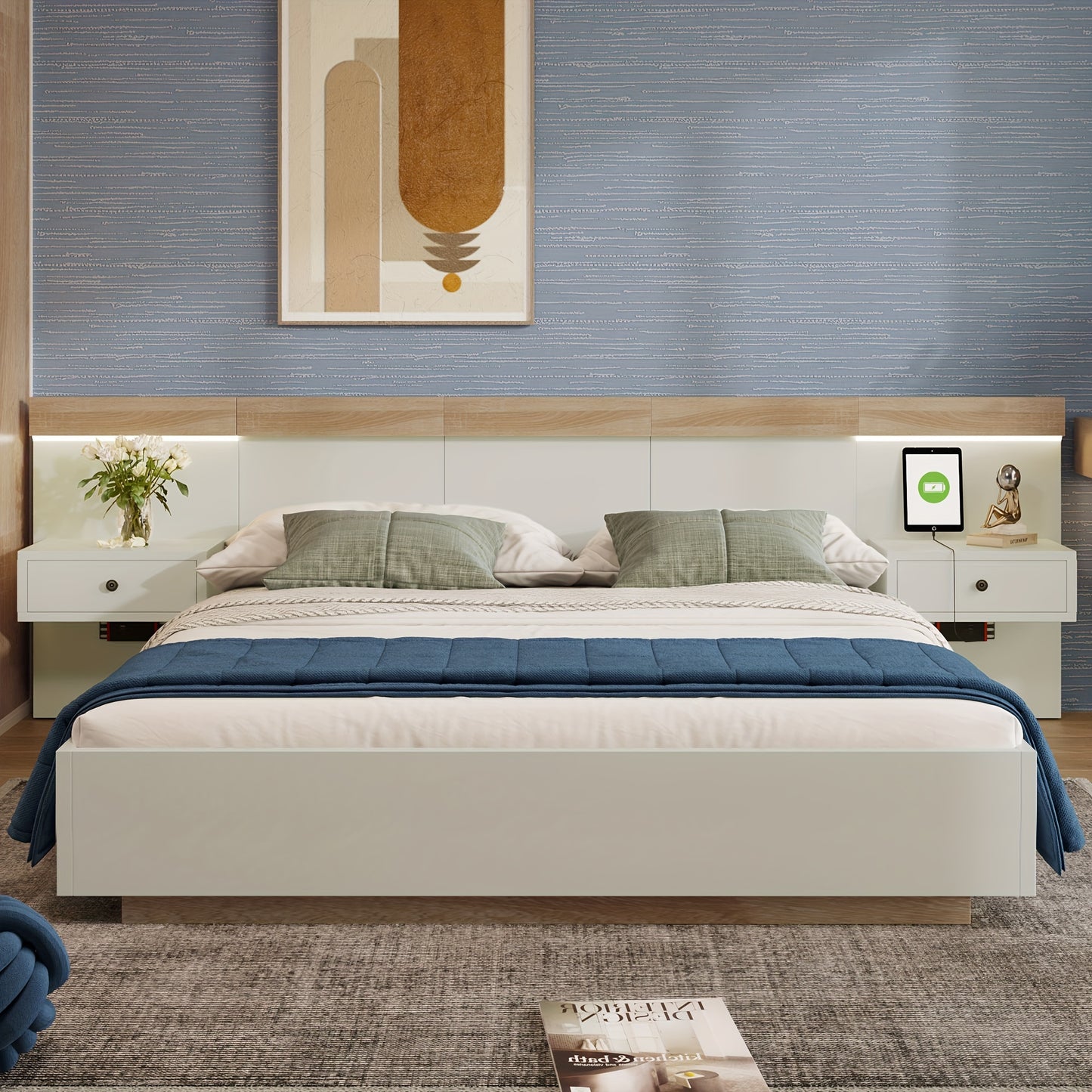 With 2 Bedside Tables And Double Bed System 180 X 200 Cm, Bedroom Set - 205x284x90.5 Cm (L/W/H), (excluding Mattress)
