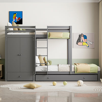 Stapelbed – Hoogslaper – Kinderbed – Multifunctioneel Bed – Uitklapbaar Logeerbed – Massief Hout – 90x200 cm – Met Kledingkast en Ladeblok
