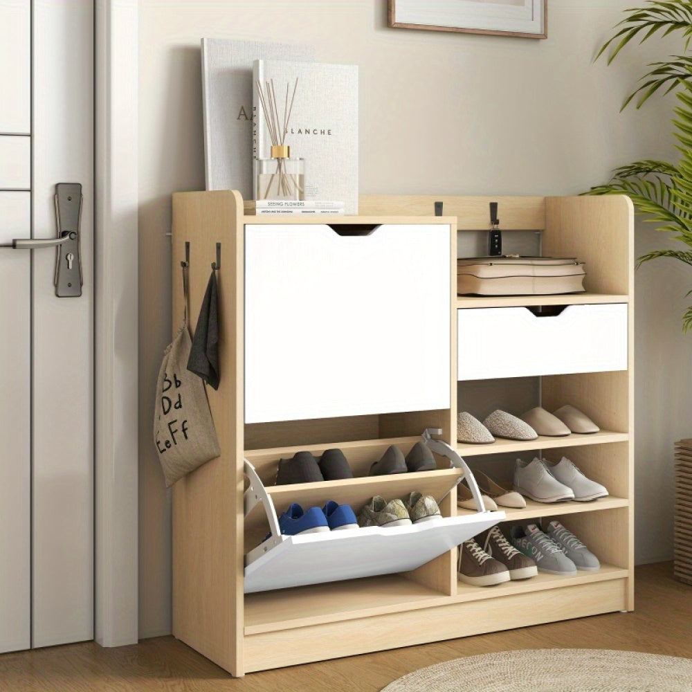 Shoe Cabinet, Suitable for Hallways, Featuring a Lift-up Drawer, Open Shelving and Four Hooks, Accommodating up to Fourteen Pairs of Shoes, Natural Finish.