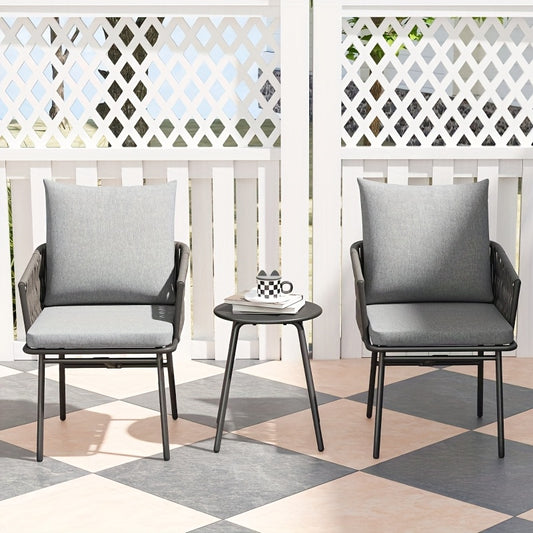 Rattan Bistro Set – Tuinset – Balkonmeubilair – Buitenstoel – Koffietafeltje – Grijs – Weerbestendig Stalen Frame – Afneembare Comfortabele Kussens