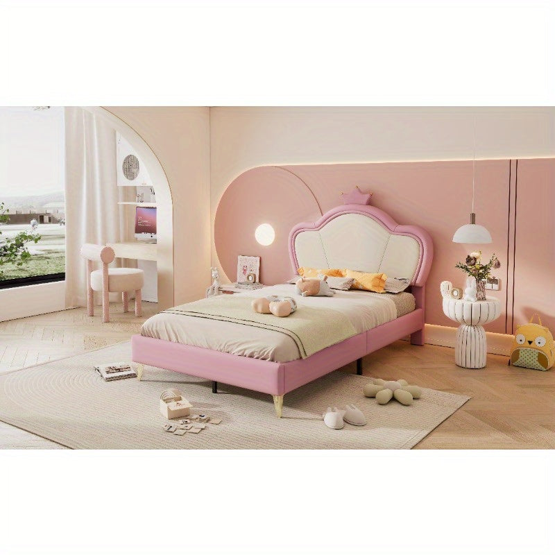 Upholstered Bed – Bedframe – Slaapbank – Bed Met Hoofdbord – Eenpersoonsbed – Roze Wit PU Bekleed – Veiligheidspadding – Metaal Metalen Poten – Elegant Contour Design – 90x200 cm
