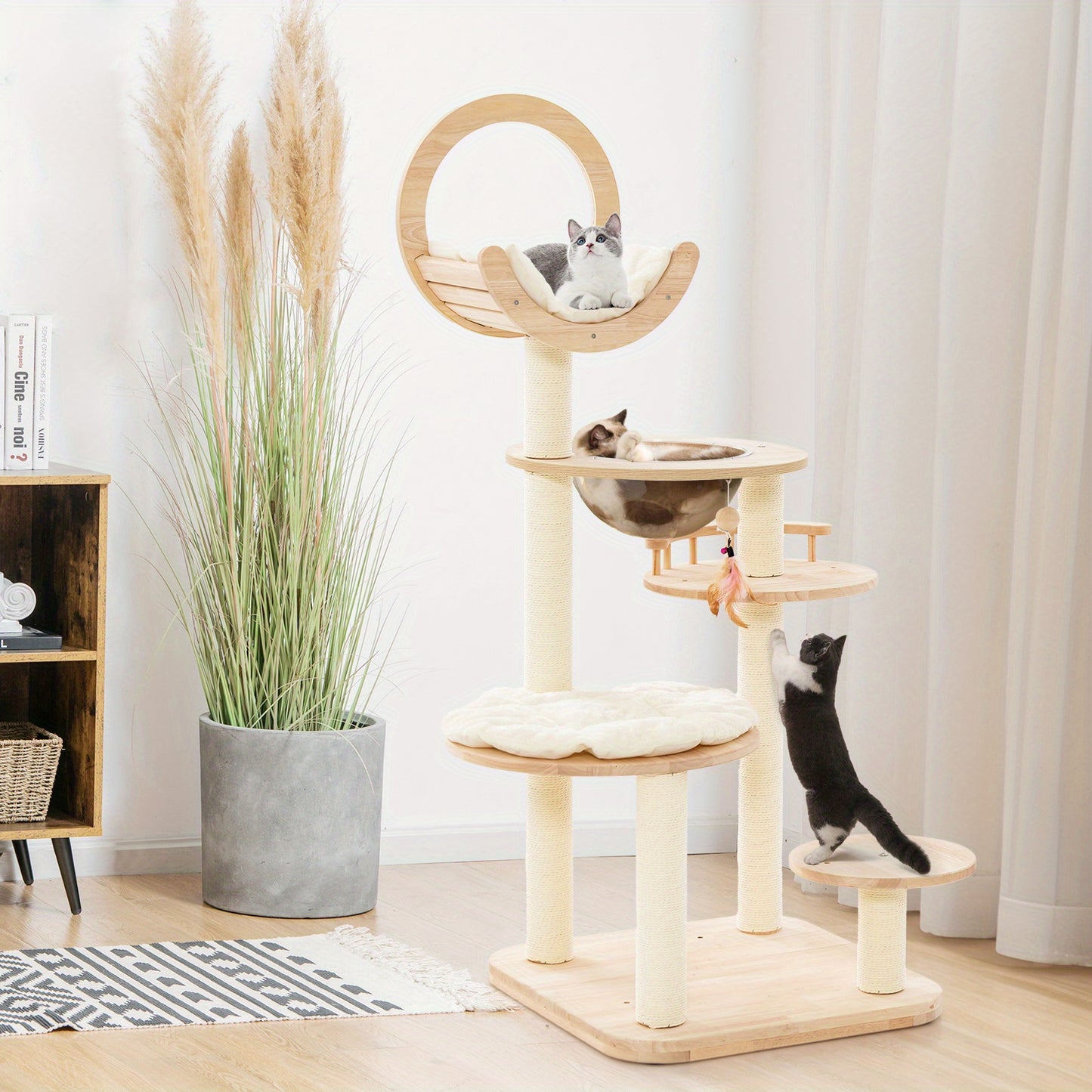 Kattenboom – Krabpaal – Klimpaal – Kattenhuis – Kattenmeubel – 4-in-1 Houten Design – Sisal Krabpalen & Comfortabel Kussen – Beige – Compact 146 cm Hoog