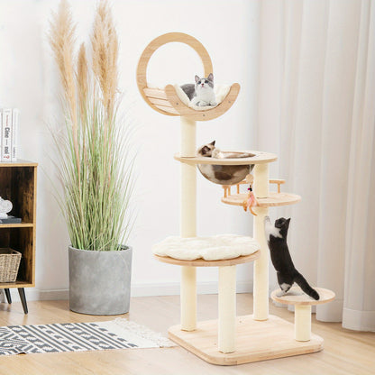 Kattenboom – Krabpaal – Klimpaal – Kattenhuis – Kattenmeubel – 4-in-1 Houten Design – Sisal Krabpalen & Comfortabel Kussen – Beige – Compact 146 cm Hoog