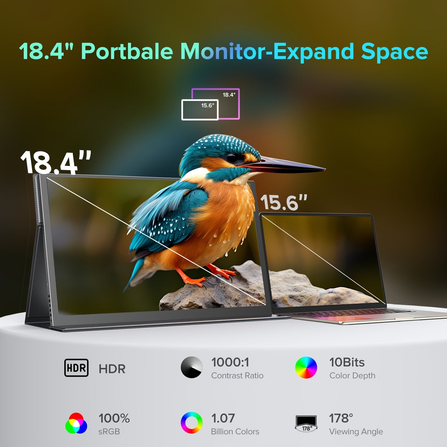 Draagbare Monitor – Extern Scherm – Tweede Scherm – 4K Portable Display – 18,4 Inch – 4K Ultra HD Resolutie – FreeSync & IPS Technology