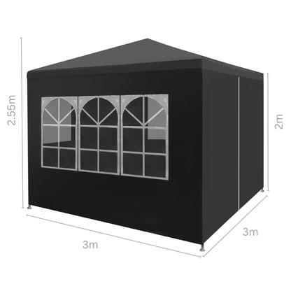 Tuinpaviljoen – Partytent – Tuintent –  Ontvangsttent – Marktkraamtent – Buitenoverkapping – Waterdicht PE – Roestvrij Stalen Frame - 3x3m - Zwart