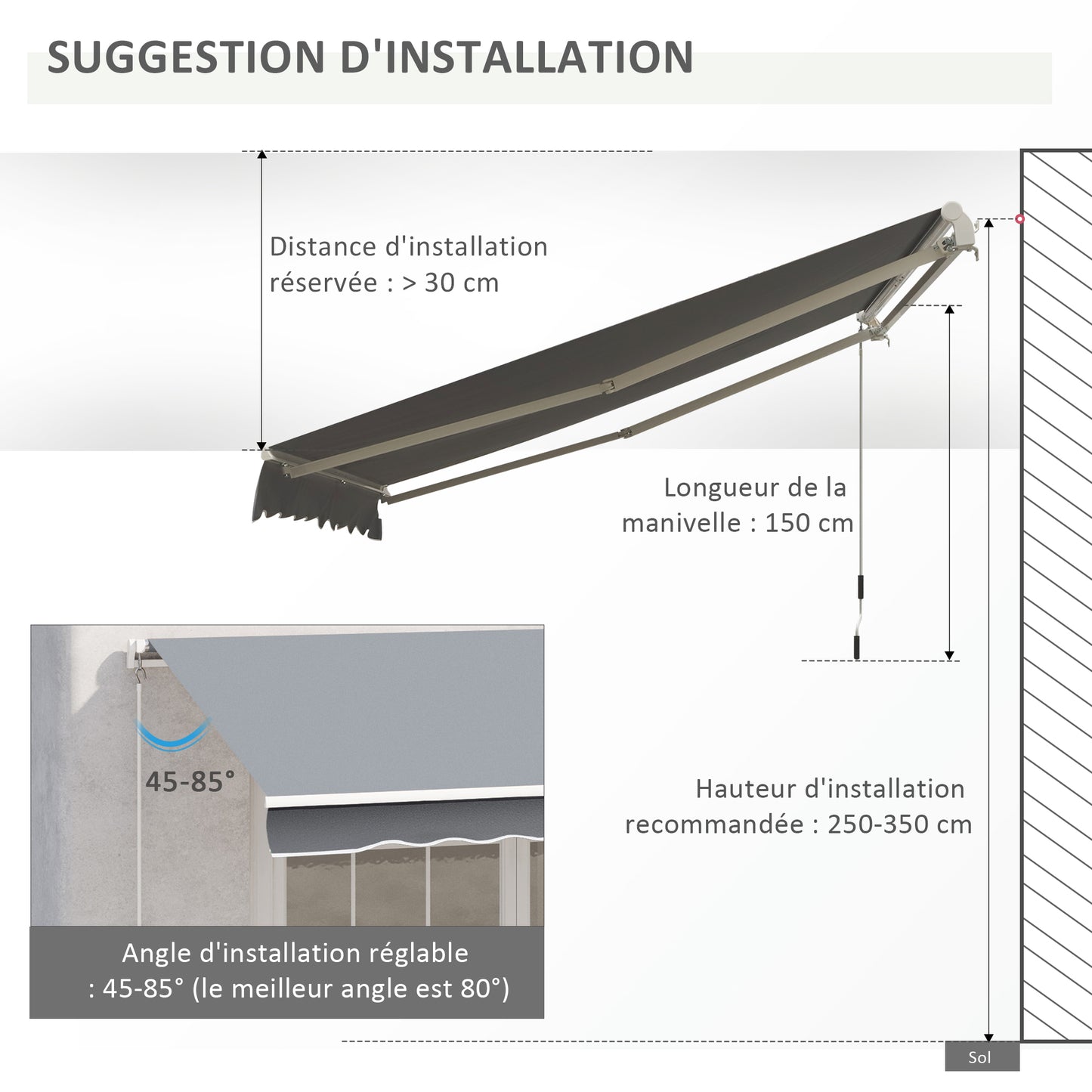 Uitvalscherm – Zonnescherm – Uitschuifbaar Scherm – Balkonluifel – Handbediend – Aluminium Frame – Polyester Doek 280 g/m² – 4x2,5 Meter – Grijs
