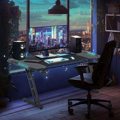 Gaming Tafel – Gaming Bureau – Computertafel – Werktafel – Esstafel – Verstelbare Hoogte – LED-Verlichting – Kabelmanagement – Hoofdtelefoonhouder – Bekerhouder – Carbon Fiber Blad – 120 cm