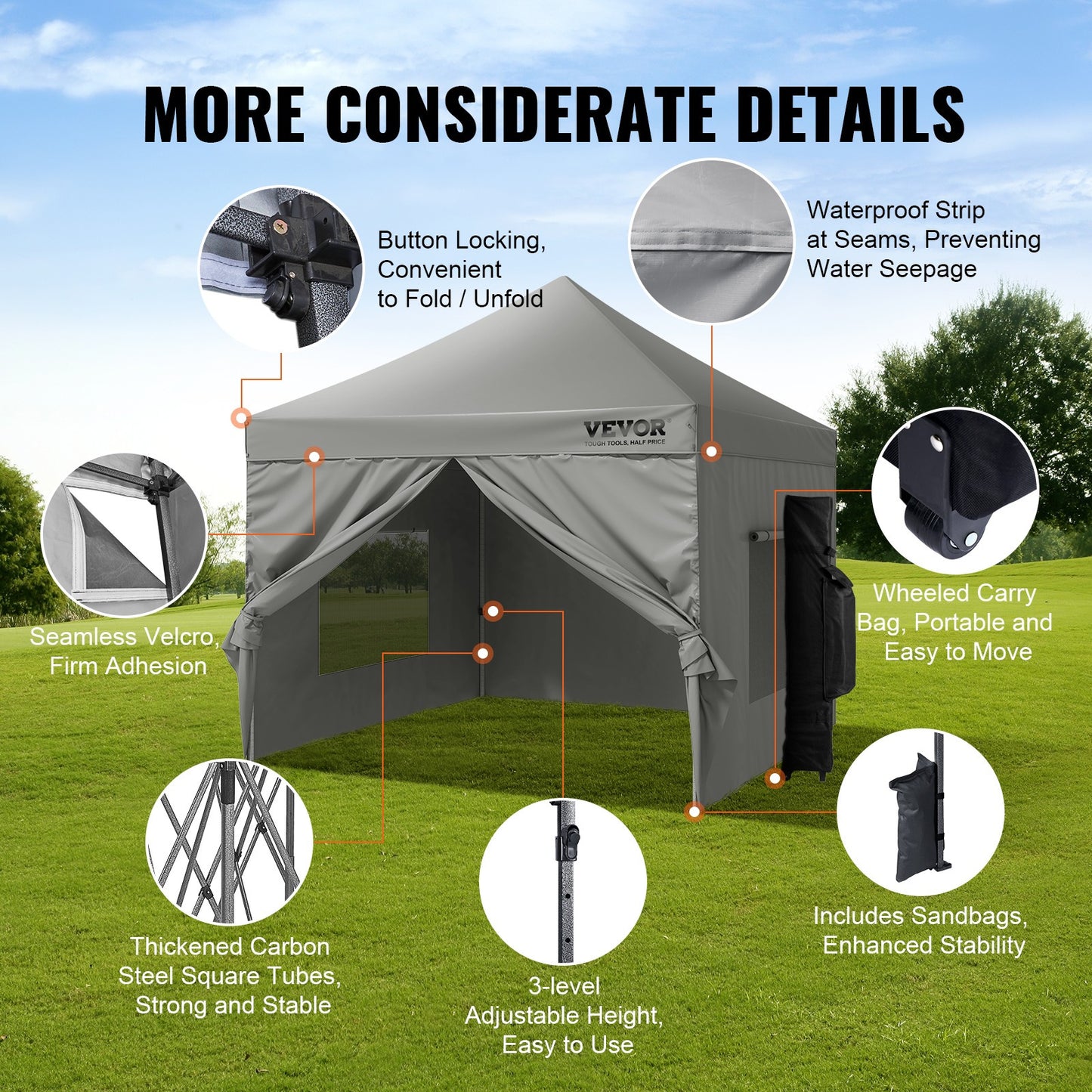 Pop-up Gazebo – Opvouwbare Tent – Buitenoverkapping – Partytent – Tuinkamer – Verstelbare Hoogte – Waterafstotende 500D PU Coating