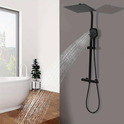 TOOL1SHOOO Black Shower System 3-Mode Handheld Shower Head 360° Rotatable Overhead Shower Head Thermostatic Control Adjustable Track Height Spring Hose 149.35 cm Modern Bathroom