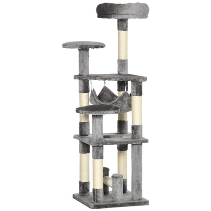 Krabpaal – Kattenboom – Krabmeubel – Klimpaal – Speelpaal – Grijs – Stevige Houten Constructie – Comfortabele Hangmat
