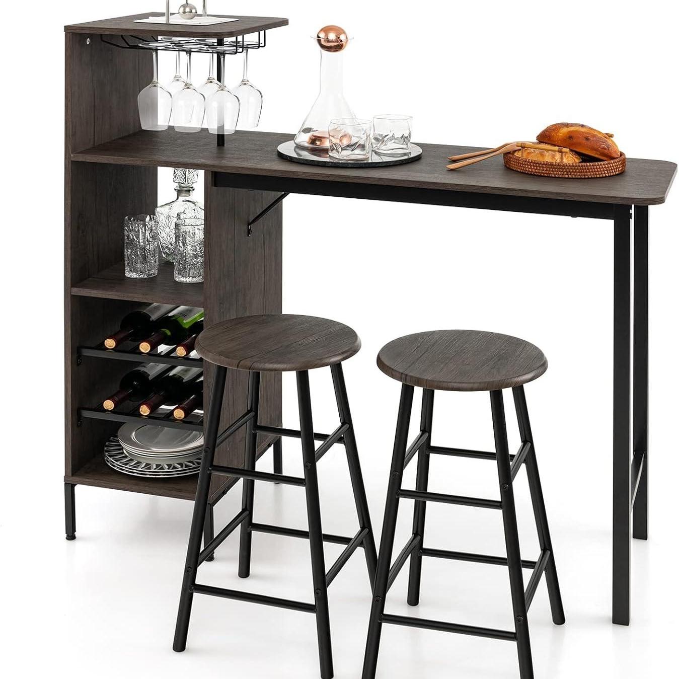 Bartafelset – Barkrukken – Barset – Bartafel met krukken – 3-delig – Rustiek Bruin – Ingebouwd Wijnrek – Compact & Multifunctioneel