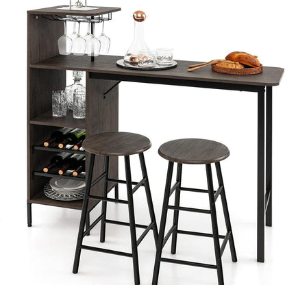 Bartafelset – Barkrukken – Barset – Bartafel met krukken – 3-delig – Rustiek Bruin – Ingebouwd Wijnrek – Compact & Multifunctioneel