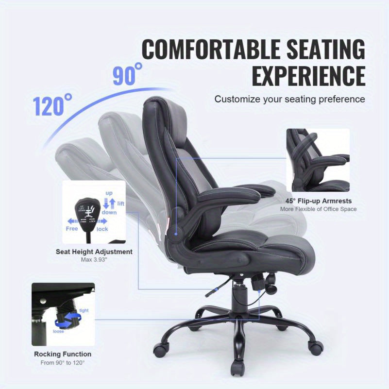 Ergonomische Bureaustoel – Kantoorstoel – Bureaustoel Met Hoge Rugleuning – Werkstoel – Desk Chair – Verstelbare Lendensteun – Memory Foam Zitting – Zwart Kunstleer – Metaal Frame – 5 Wielen
