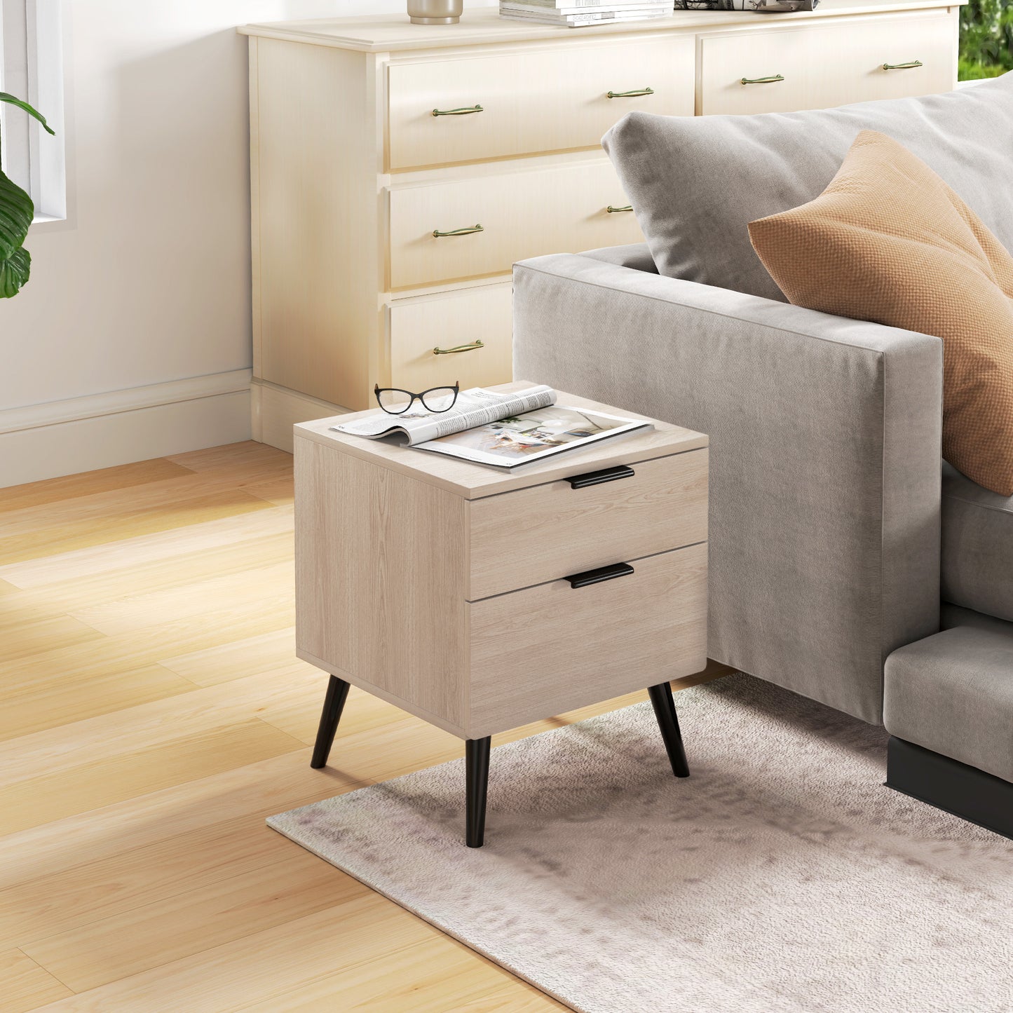 Bijzettafel Set – Nachtkastje – Bedtafel – Sidetable – Houten Tafeltje – Modern Nordic Design – 2-Lade Opbergruimte – Eikenhout Look