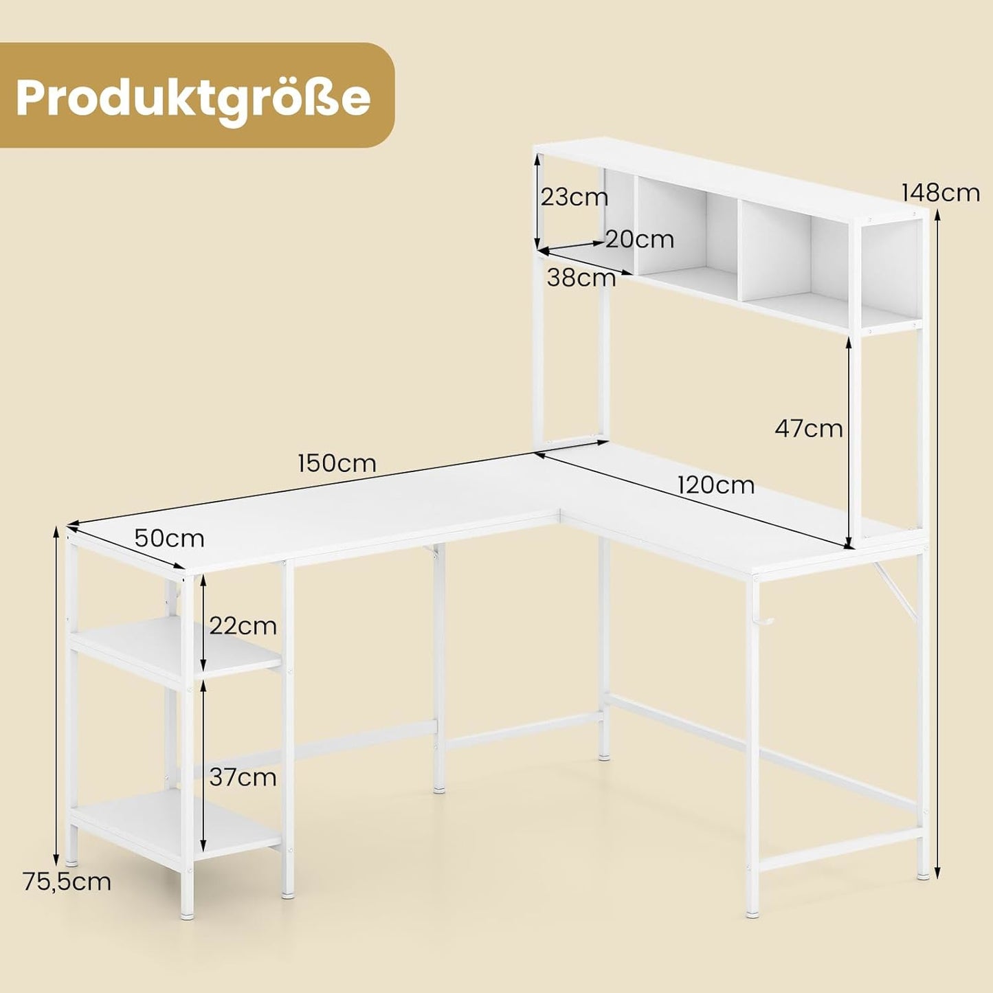 L-vormig bureau – Hoekbureau – Computerbureau – Werkplek – Bureau met opbergruimte – Wit – Inclusief headphonehouder – Robuust MDF met krasbestendige coating