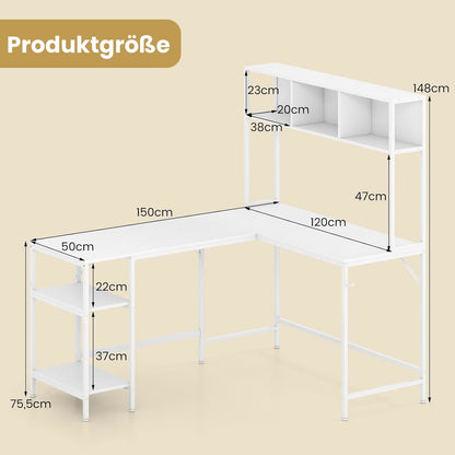 L-vormig bureau – Hoekbureau – Computerbureau – Werkplek – Bureau met opbergruimte – Wit – Inclusief headphonehouder – Robuust MDF met krasbestendige coating