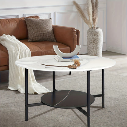 Salontafel – Bijzettafel – Woonkamertafel – Koffietafel – Accenttafel – Rond Design – Sintersteen Tafelblad – Zwart Metalen Frame – 2-Niveaus Opbergplank