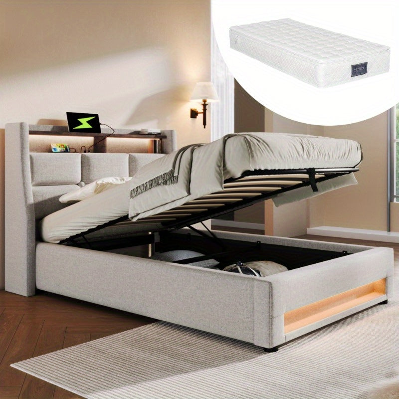 Eenpersoonsbed – 1-persoonsbed – Bed – Slaapbed – Logeerbed – Metalen Frame – Linnen Bekleding – Inclusief Matras – 90x200 cm