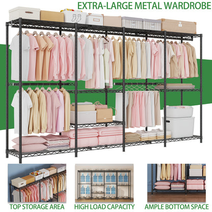 Kledingrek Heavy Duty – Garderobekast – Kledingorganizer – Stellingkast – Kledinghanger – Extra Groot 4 Kolommen 4 Lagen – Modulaire Carbon Stalen Frame – 498,95 KG Draagvermogen – 11 Planken Met Afdekhoes