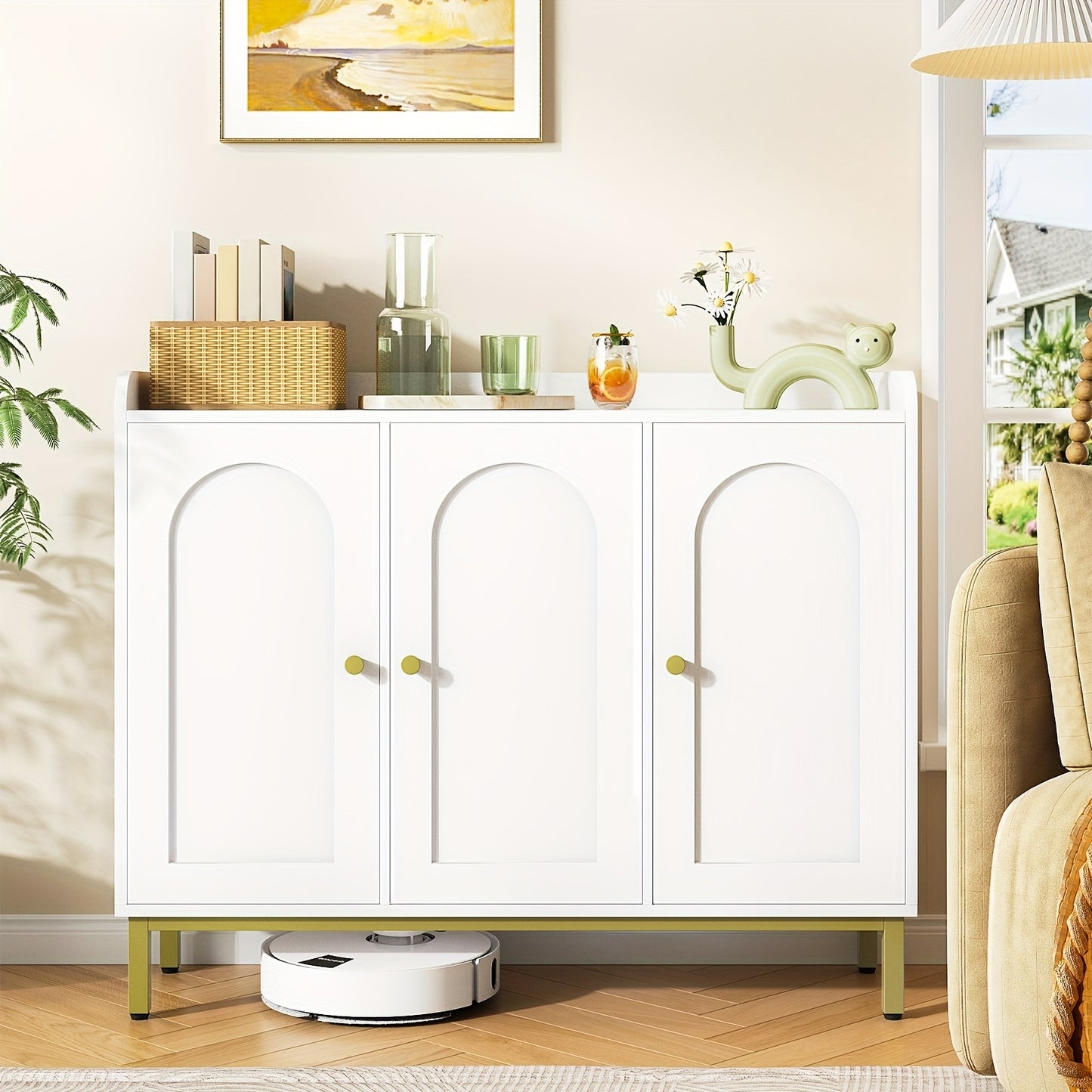 Sideboard, Storage Cabinet, Kitchen Cabinet, Living Room Sideboard with 3 Curved Doors, Adjustable Shelves, Golden Handles, Suitable for Kitchen, Living Room, 30x100x80.5cm, White