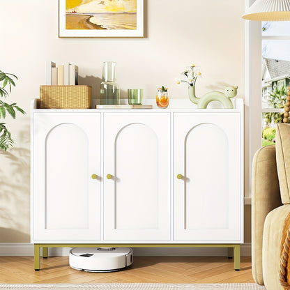 Sideboard, Storage Cabinet, Kitchen Cabinet, Living Room Sideboard with 3 Curved Doors, Adjustable Shelves, Golden Handles, Suitable for Kitchen, Living Room, 30x100x80.5cm, White