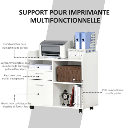 Bureau Organizer – Pennenbakje – Documentenbak – Opberglade – Printerstandaard – Wit Hout – Verstelbare Plank – Mobiele Zwenkwieltjes