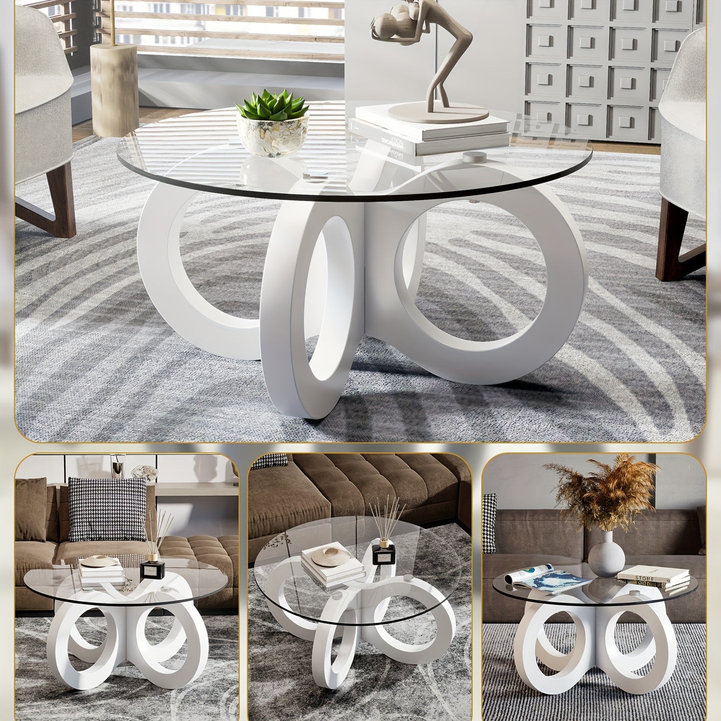 Koffietafel – Salontafel – Bijzettafel – Woonkamertafel – Rondetafel – Modern Design – Wit Glas – Ruimtebesparend – Sculpturale Oneindigheidsbasis – Diameter 80 cm – MDF & Metaal