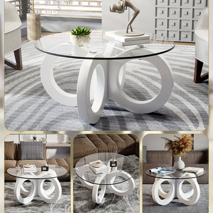 Koffietafel – Salontafel – Bijzettafel – Woonkamertafel – Rondetafel – Modern Design – Wit Glas – Ruimtebesparend – Sculpturale Oneindigheidsbasis – Diameter 80 cm – MDF & Metaal