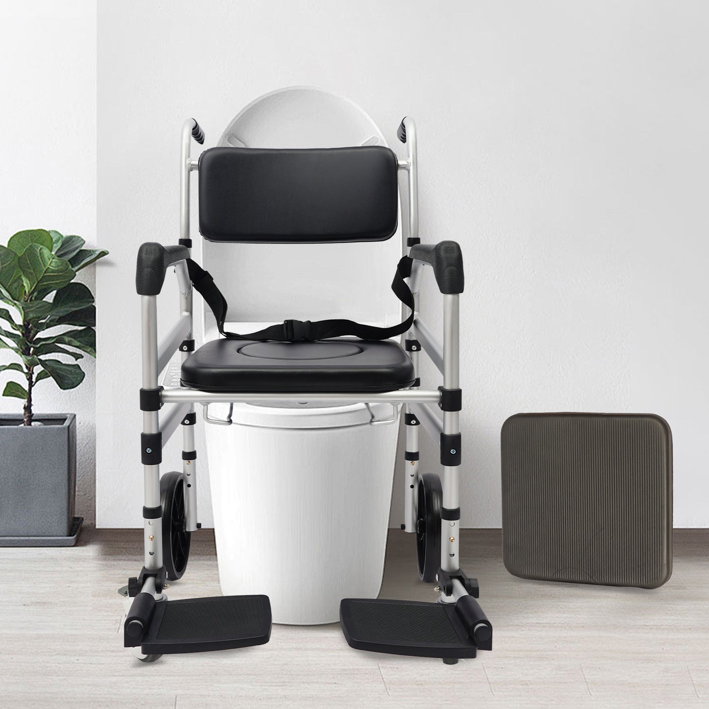 Opvouwbare Douchezit – Douchekruk – Toiletstoel – Mobiliteitsstoel – Douchehulp – Verstelbare Zithoogte – Aluminium Frame Met Wieltjes – Zwart-Zilver