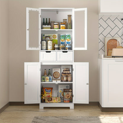Kealive Modern Tall White Storage Cabinet with 4 Doors & 2 Drawers (Removable) - -Standing MDF/Fiberboard Bookcase Suitable, Bathroom, Living Room - Easy Assembly, Space-Saving Vertical Design
