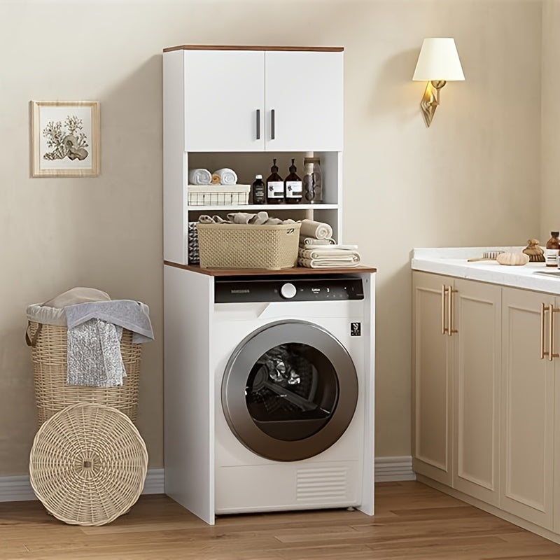 Wasmachinekast – Hoge Kast – Badkamerkast – Opbergkast – Wasmachine Ombouw – Verstelbare Planken – Wit – 65x170x60 cm – Duurzaam Hout & Kunststof
