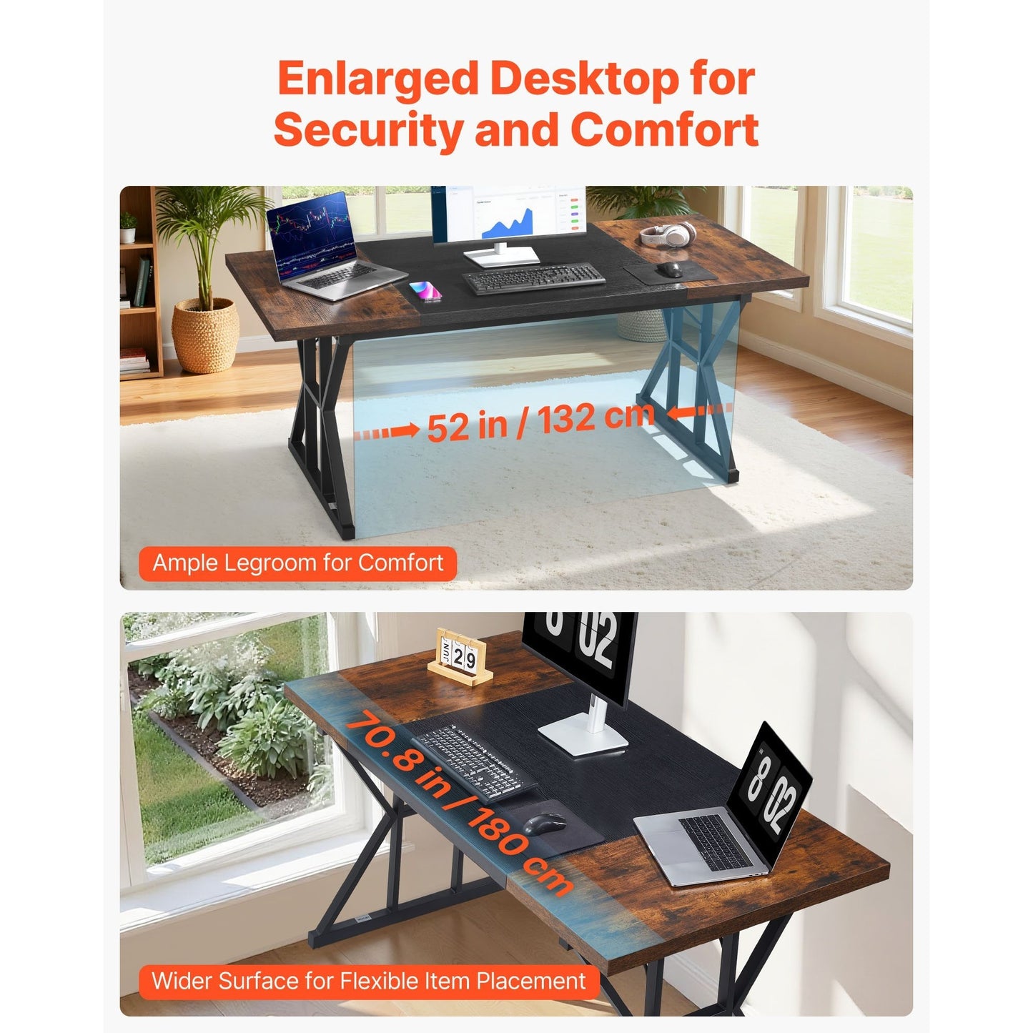Grote Computerbureau – Bureautafel – Werkplek – Schrijftafel – Laptoptafel – Rustiek Bruin & Zwart – Stevig Carbonstaal Frame – 180x80 cm Groot Werkblad