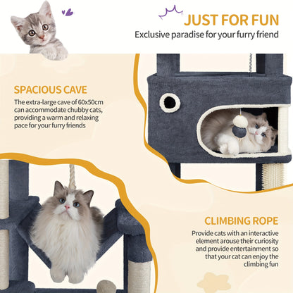 Cat Scratching Post with Large Platform, 2 Caves, 7 Scratching Posts, Pompoms, Loungers, Hammock, Suitable for All Cat Breeds, Light Grey/Dark Grey - QUORE
